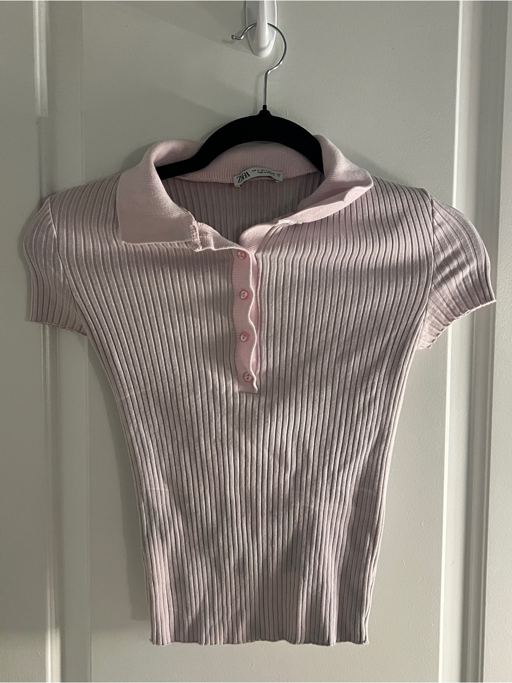 Zara Light Pink Ribbed Button-Down Polo Top